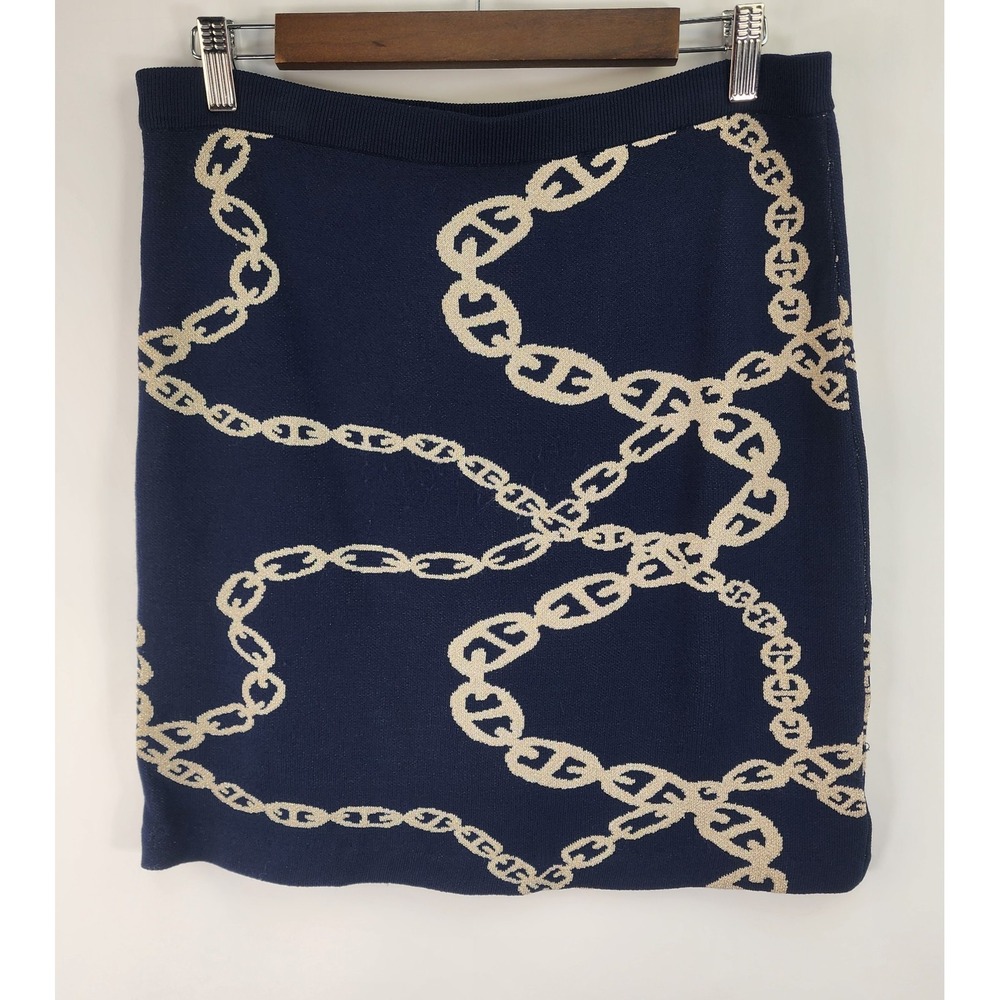 Carmen Marc Valvo Chain Link Skirt Women's L Navy Knit Metallic Gold Thread